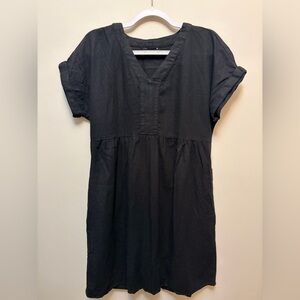 LINEN Blend Black V-Neck Short Sleeve Dress